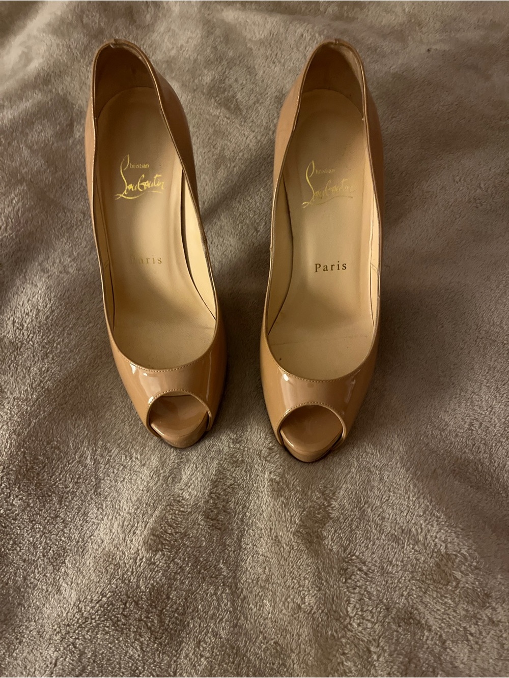 Christian Louboutin Beige Patent Leather Peep-Toe Pumps